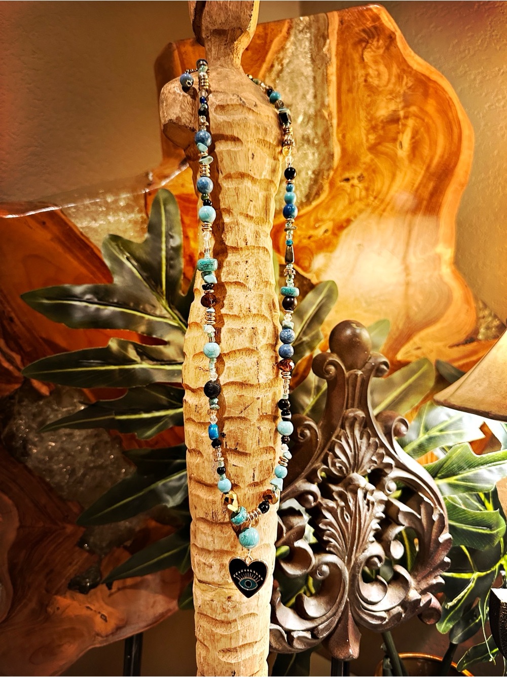 Blue Mixed Beaded Lacquered Heart Pendant